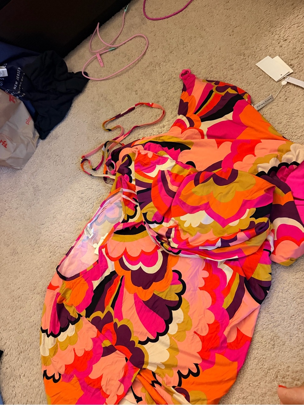 Trina Turk Bright Pink Orange Multi-Color Print one piece with coverup